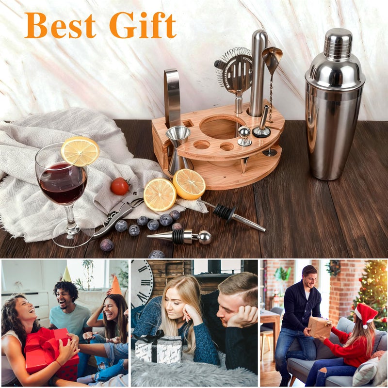 Esmula Bartender Kit with Stylish Bamboo Stand, 12 Piece 25oz Cocktail Shaker Set for Mixed Drink, Professional Stainless Steel Bar Tool Set, Gift for Man Dad- Cocktail Recipes Booklet (Silver) - Image 4